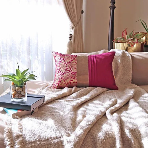 Pink & Gold Tonned Ethnic Motifs Rectangle Brocade Cushion Covers